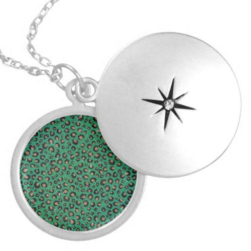 Elegant Green Glitter Black Gold Leopard Print  Locket Necklace