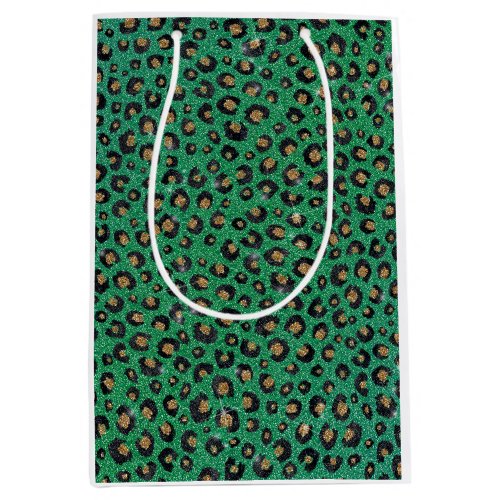 Elegant Green Glitter Black Gold Leopard Print  Medium Gift Bag