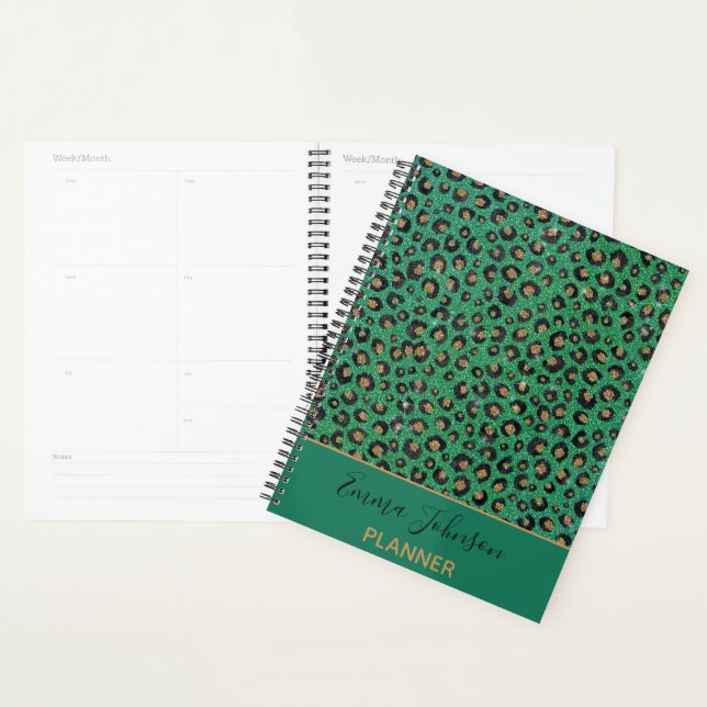 Elegant Green Glitter Black Gold Leopard Print  Planner (Display)