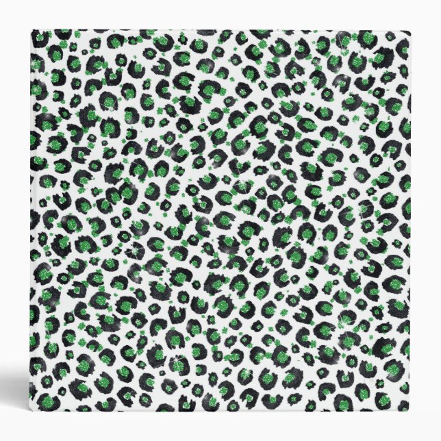 Elegant Green Glitter Black Leopard Animal Print 3 Ring Binder (Front)