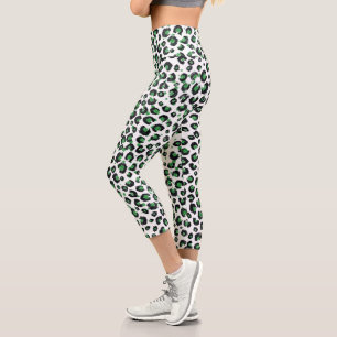 Elegant Green Glitter Black Leopard Animal Print Capri Leggings