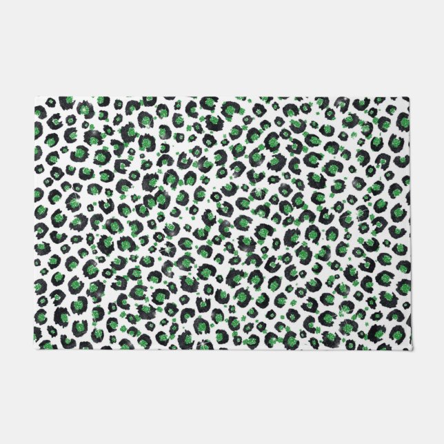 Elegant Green Glitter Black Leopard Animal Print Doormat (Front)