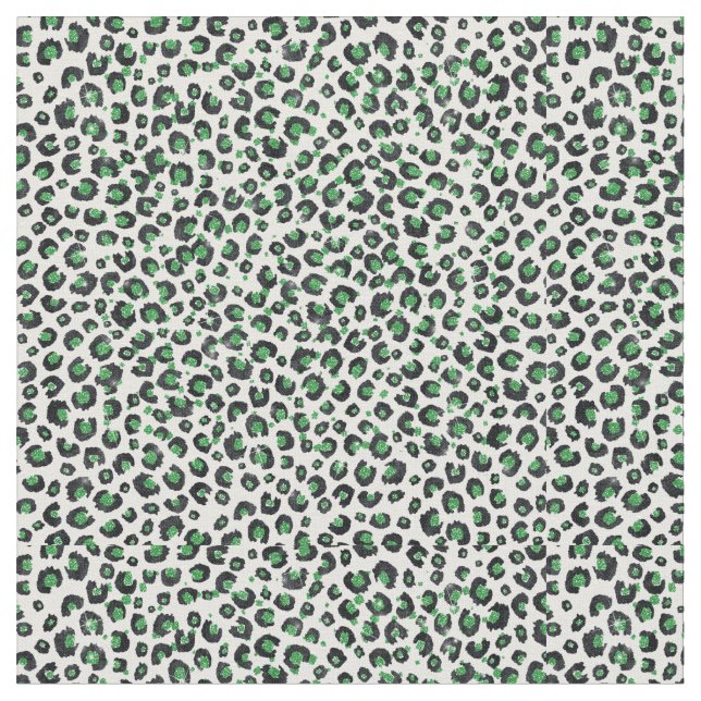 Elegant Green Glitter Black Leopard Animal Print Fabric (Close Up)