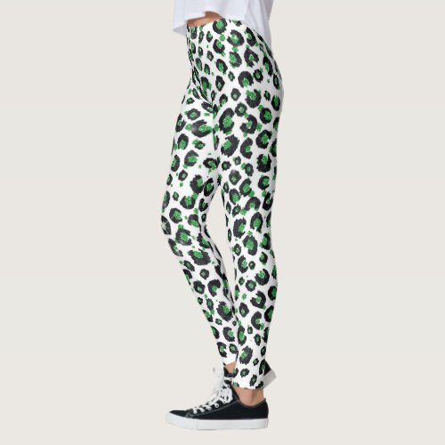 Elegant Green Glitter Black Leopard Animal Print Leggings