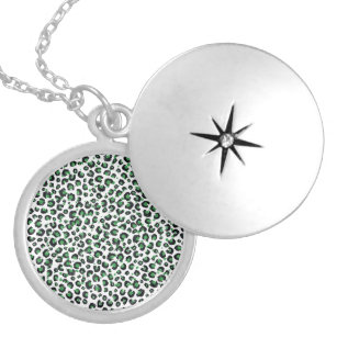 Elegant Green Glitter Black Leopard Animal Print Locket Necklace