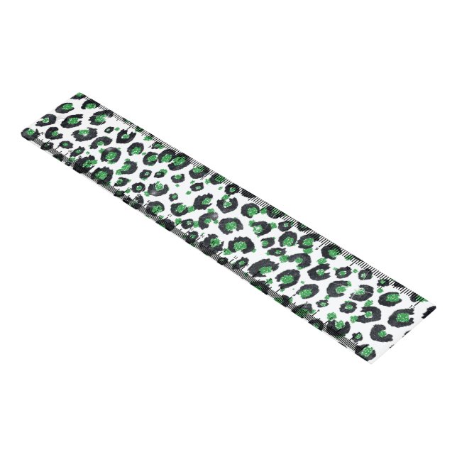 Elegant Green Glitter Black Leopard Animal Print Ruler (Angled)