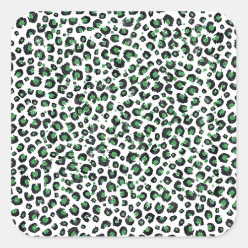 Elegant Green Glitter Black Leopard Animal Print Square Sticker
