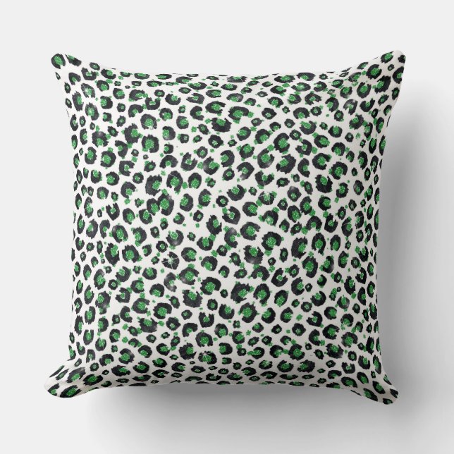 Elegant Green Glitter Black Leopard Animal Print Throw Pillow (Front)