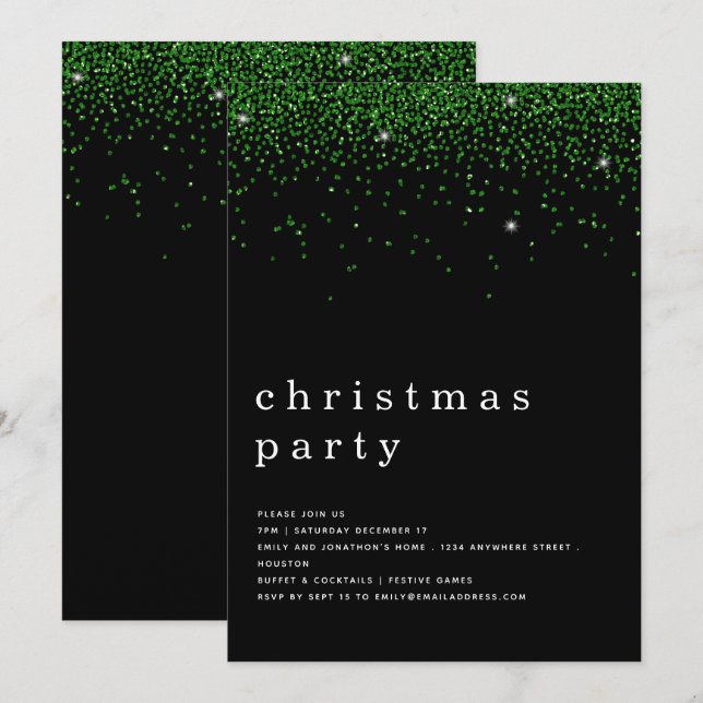 Elegant Green Glitter Christmas Party Black Invitation (Front/Back)