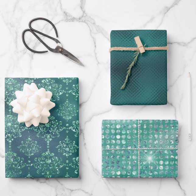 Elegant Green Glitter Damask Gift Wrapping Paper Sheets (Front)