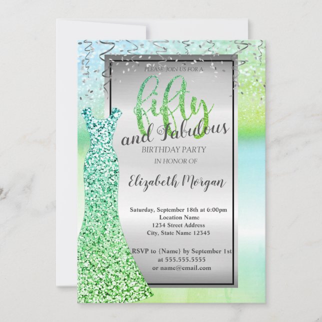 Elegant Green Glitter Dress 50th Birthday Invitation (Front)