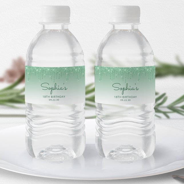 Elegant Green Glitter Drip 18th Birthday Party Water Bottle Label (Creator Uploaded)