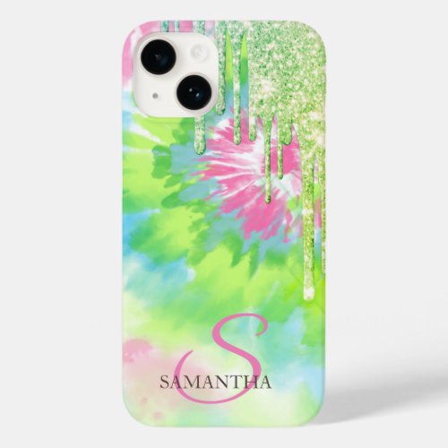 Elegant Green Glitter Drips Tie Dye Case_Mate iPhone 14 Case