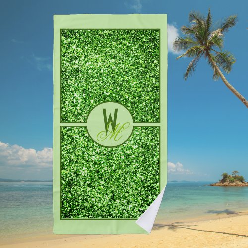 Elegant Green Glitter Monogrammed  Beach Towel