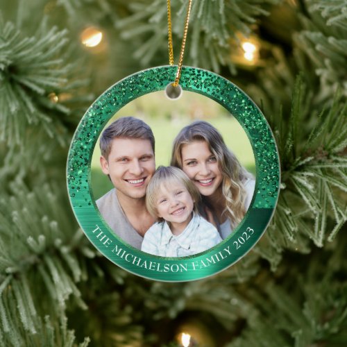 Elegant Green Glitter Photo Metallic Christmas Ceramic Ornament