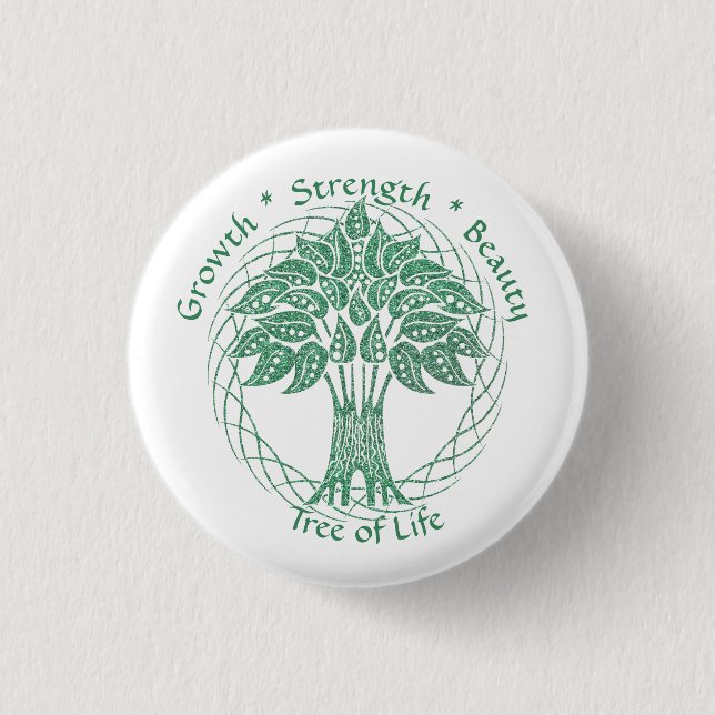 Elegant Green Glitter Tree of Life Growth Strength Button (Front)