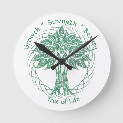 Elegant Green Glitter Tree of Life Zen Yoga Round Clock