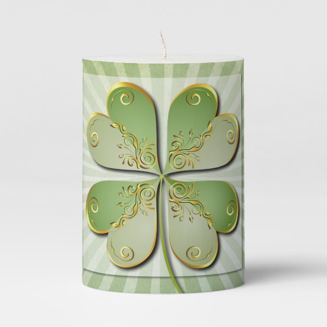 Elegant Green Glover St. Patrick'd Day Party Pillar Candle (Front)