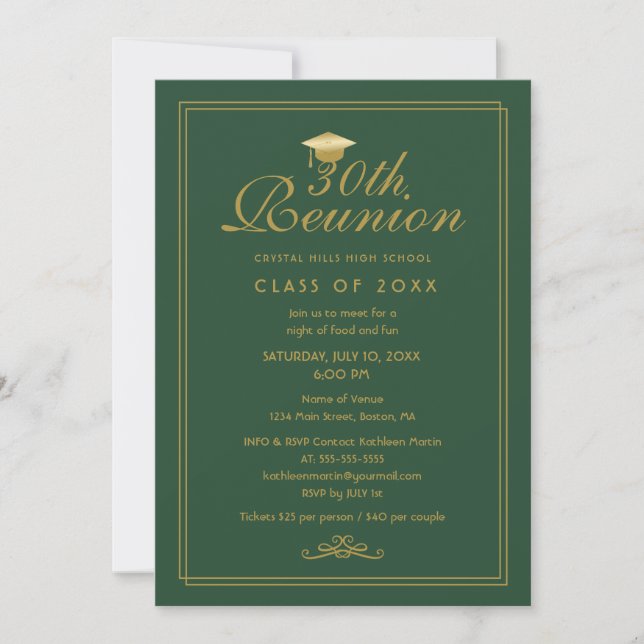 Elegant Green Gold 30th Class Reunion Invitation (Front)