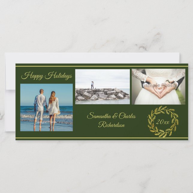 Elegant Green Gold 3 Photo Holiday Card (Front)