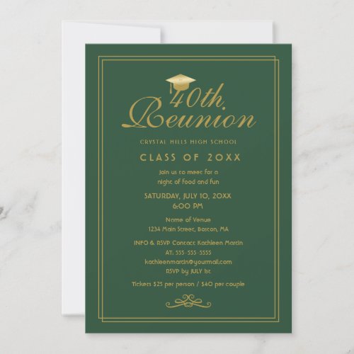 Elegant Green Gold 40th Class Reunion Invitation