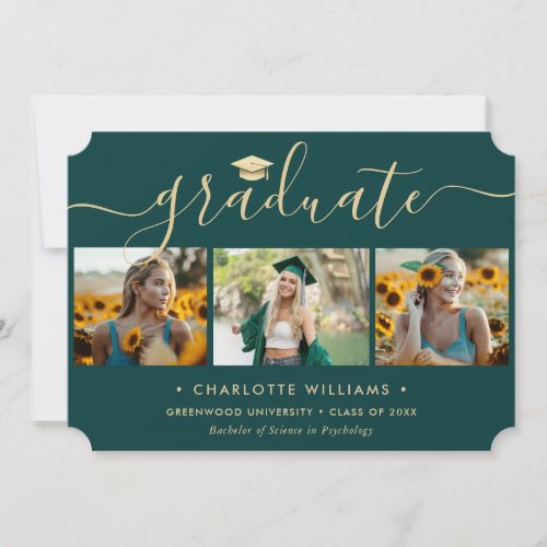 Elegant Green Gold 4 Photo Graduation Announcement