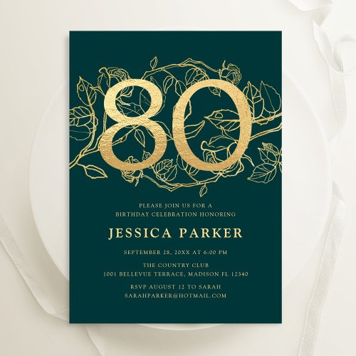 Elegant Green Gold 80th Birthday Invitation