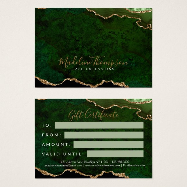 Elegant Green Gold Agate Business Gift Certificate (Front & Back)