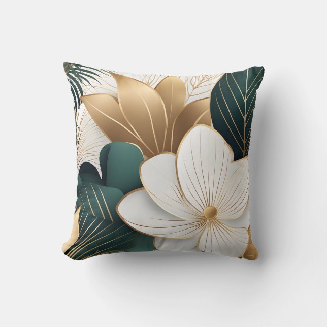 Elegant Green Gold and White Floral Throw Pillow (Front)