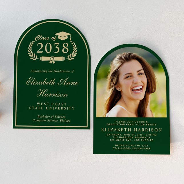 Elegant Green Gold Arch Photo Graduation Party Invitation (An elegant arch-shaped photo graduation party invitation to celebrate the graduate's achievements)