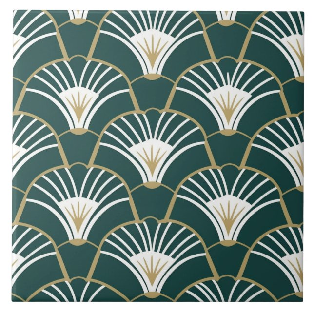 Elegant green gold art deco pattern ceramic tile (Front)