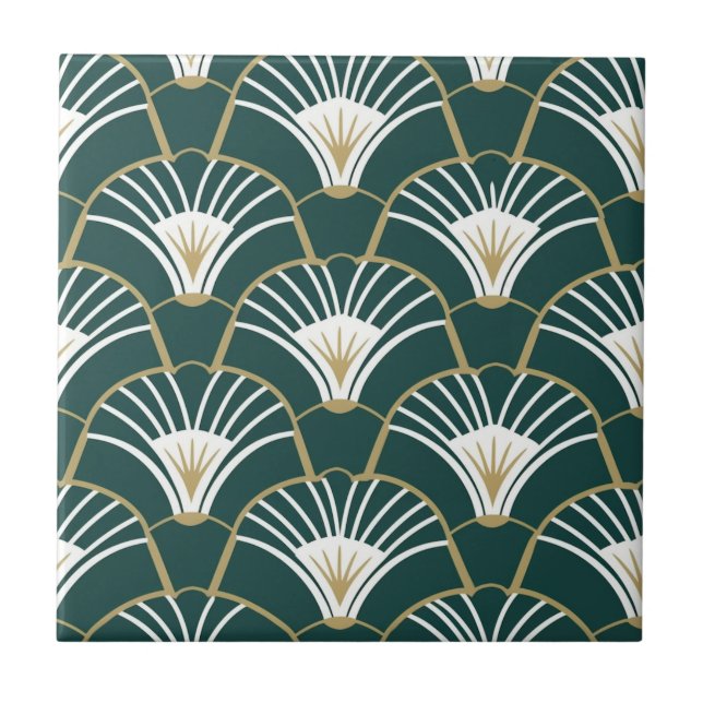 Elegant green gold art deco pattern ceramic tile (Front)