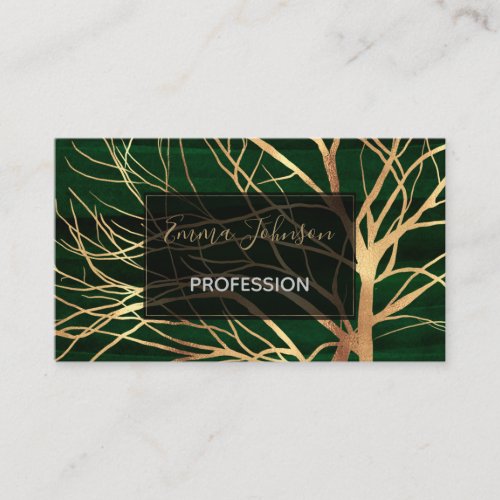 Elegant Green Gold Autumn Tree Drawing Business Card