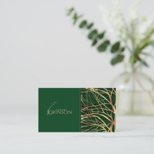 Elegant Green Gold Autumn Tree Drawing Business Card