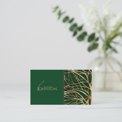 Elegant Green Gold Autumn Tree Drawing Business Card