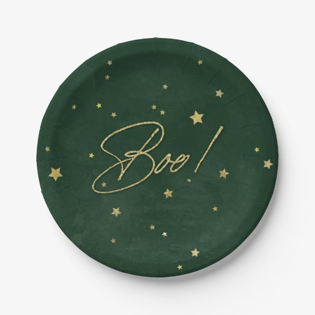 Elegant Green/Gold Boo! Halloween Party Paper Plates (Front)