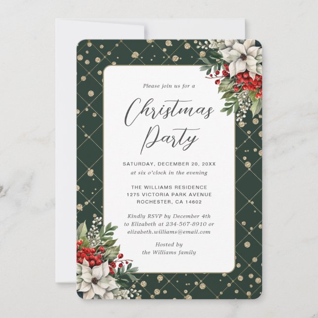 Elegant Green Gold Botanical Christmas Party Invitation (Front)