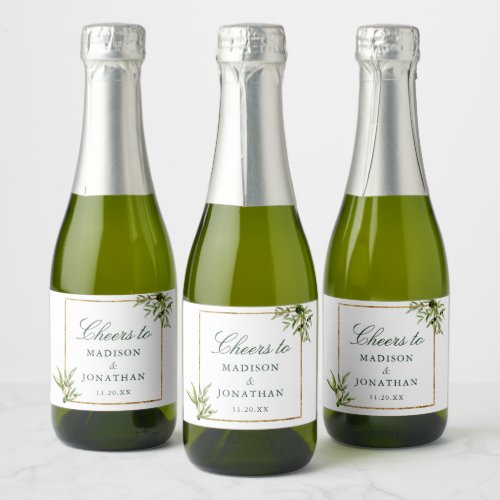 Elegant Green Gold Botanical Custom Wedding Mini Sparkling Wine Label