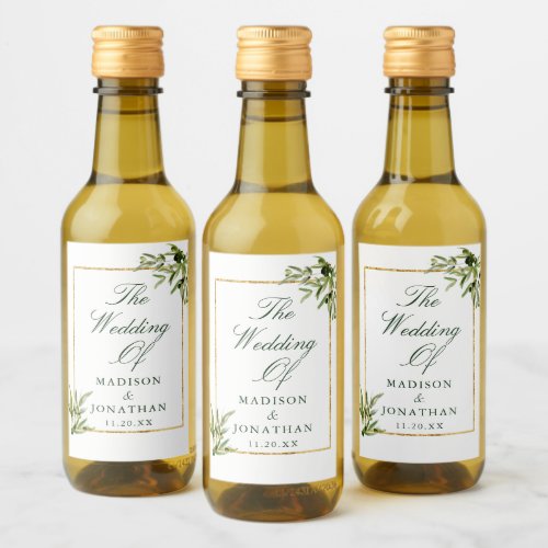 Elegant Green Gold Botanical Custom Wedding Mini Wine Label