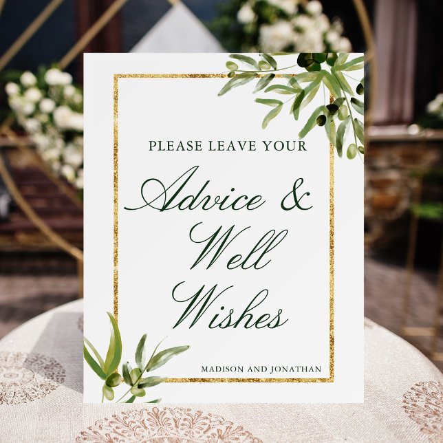 Elegant Green Gold Botanical Vine Wedding Advice Foam Board (Creator Uploaded)