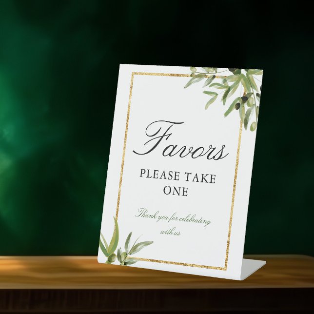 Elegant Green Gold Botanical Vine Wedding Favors Pedestal Sign (Creator Uploaded)