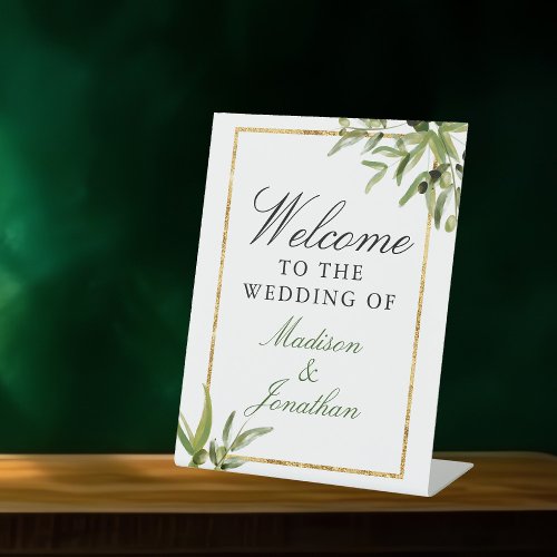 Elegant Green Gold Botanical Vine Wedding Welcome Pedestal Sign