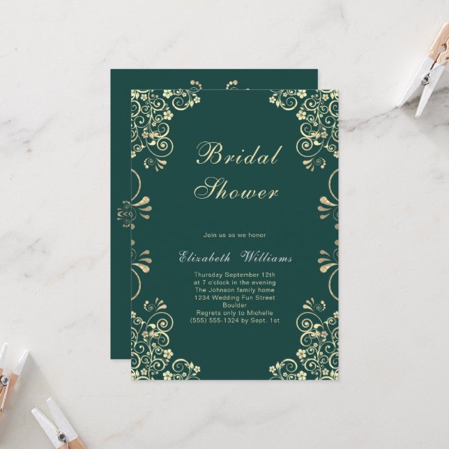 Elegant Green Gold Bridal Shower Invitation (Front/Back In Situ)