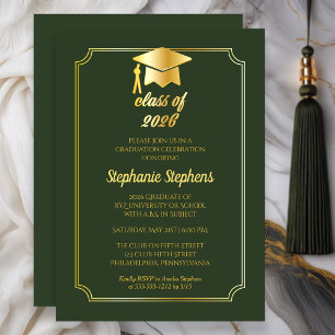 Elegant Green Gold Cap College Graduation Party Invitation