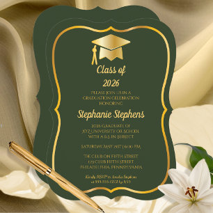 Elegant Green Gold Cap Graduation Party Invitation