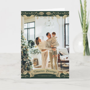 Elegant Green Gold Christian Photo Holiday Card