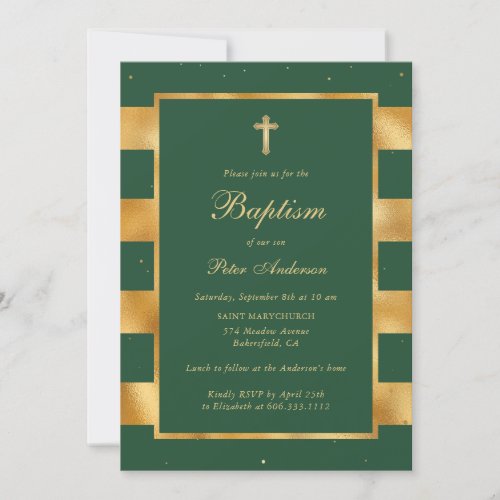Elegant Green Gold Christmas Boy Baptism Invitation