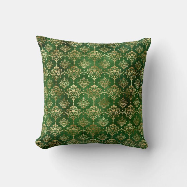 Elegant green & gold Christmas damask pattern Throw Pillow (Front)