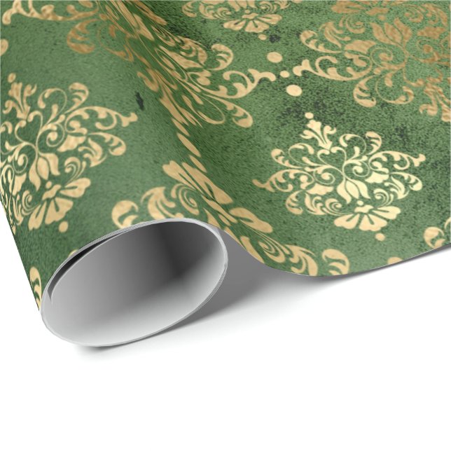 Elegant green & gold Christmas damask pattern Wrapping Paper (Roll Corner)