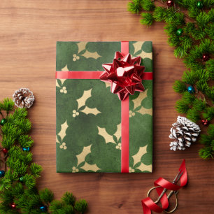 Elegant green & gold Christmas holly pattern Wrapping Paper